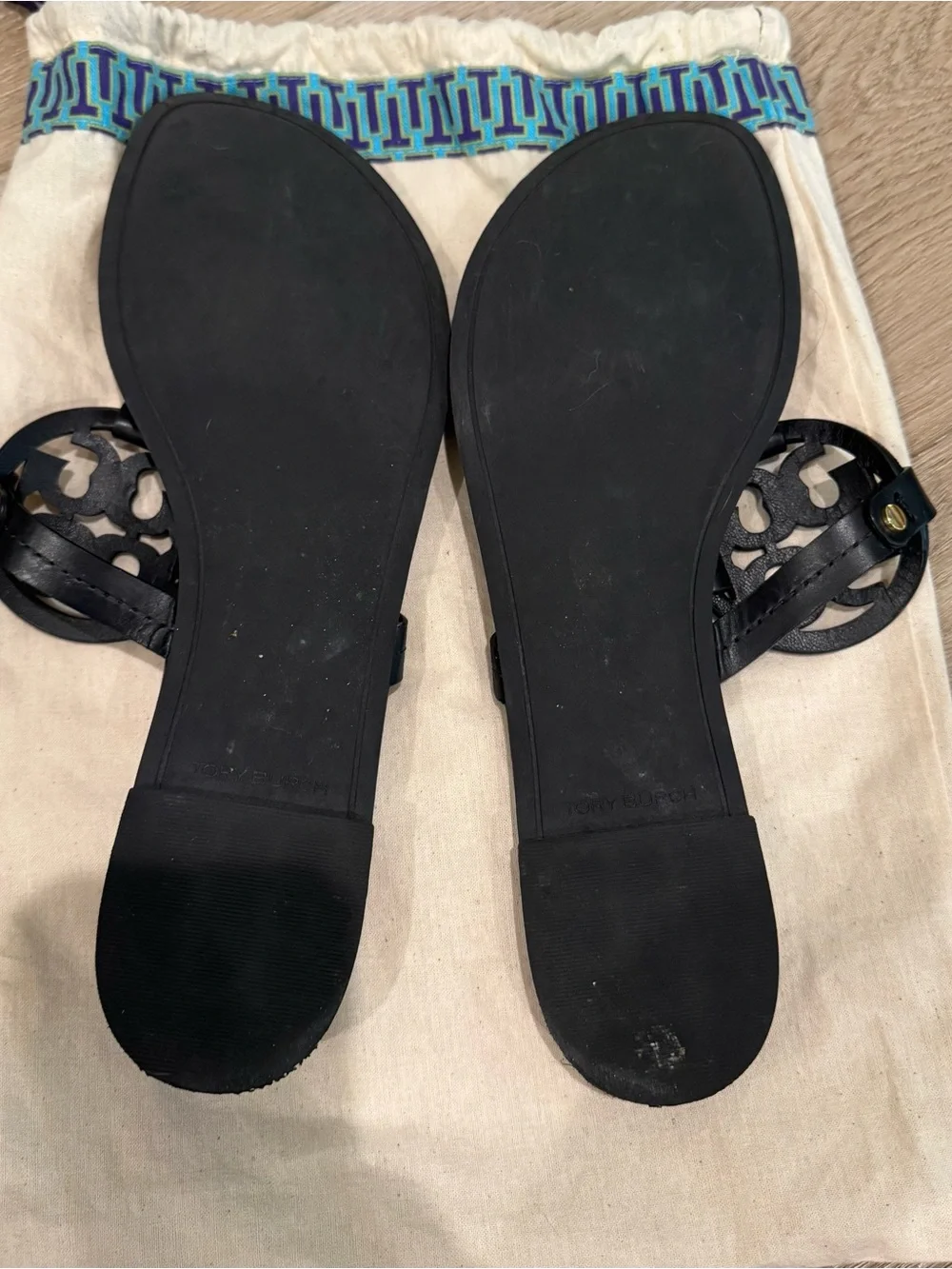 Tory Burch Black Leather Logo Thong Sandals